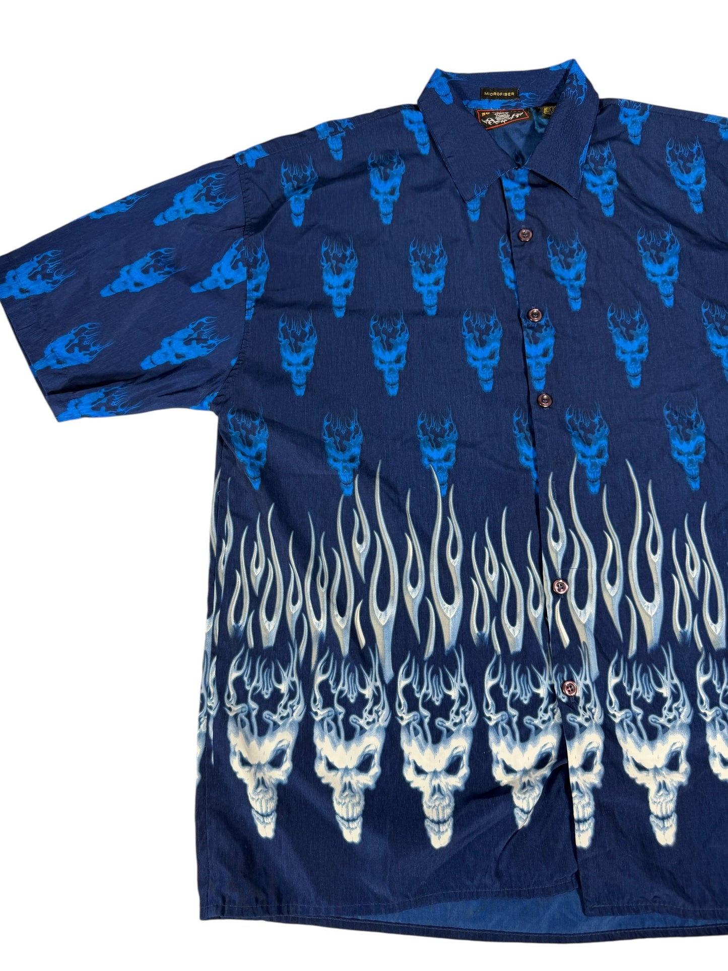 No Contest Blue Flaming Skulls Button Up Shirt