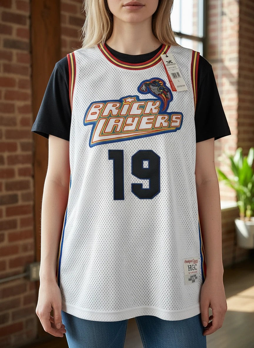 Throwback Rack Aaliyah Brick Layers Basketball Jersey, white mesh with red, gold, and blue trim, featuring 'Brick Layers' and number 19.