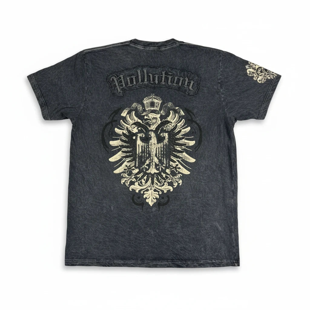 Throwback Rack dark acid wash cotton t-shirt featuring a large embroidered eagle crest and gothic logo on the back