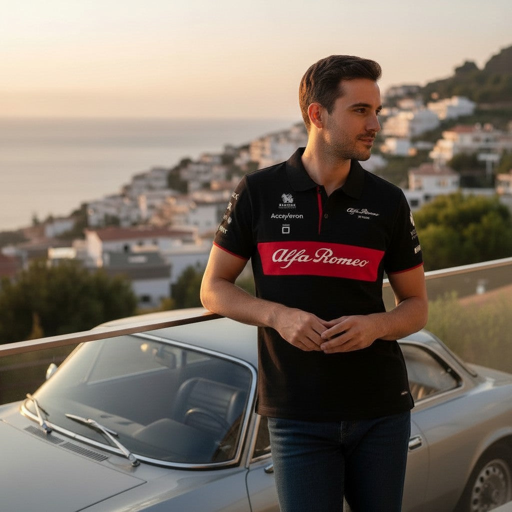 Throwback Rack black Alfa Romeo F1 Team performance polo shirt with red stripe and team logos. Men's S.