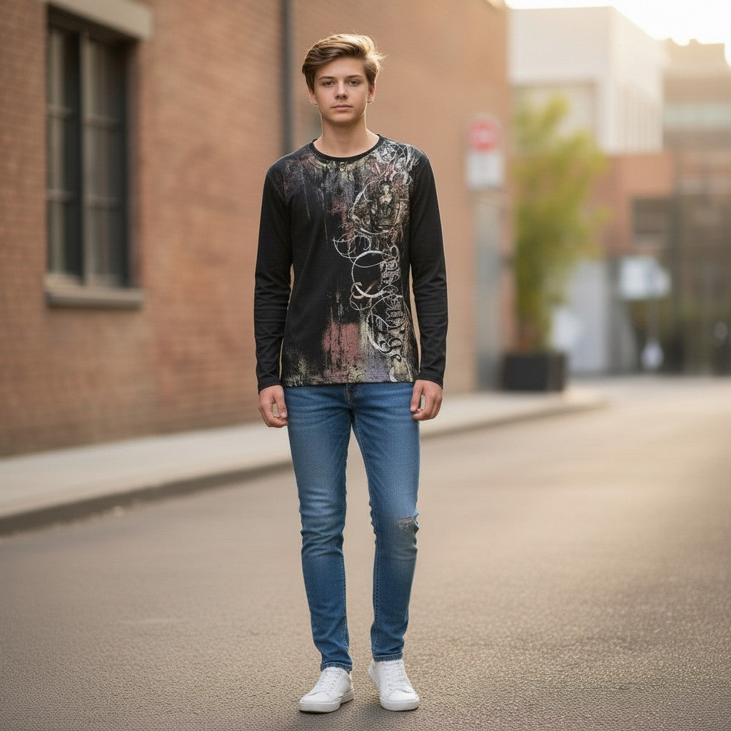 Throwback Rack men's black long sleeve shirt with Y2K angel graphic and metallic bead detail on chest.