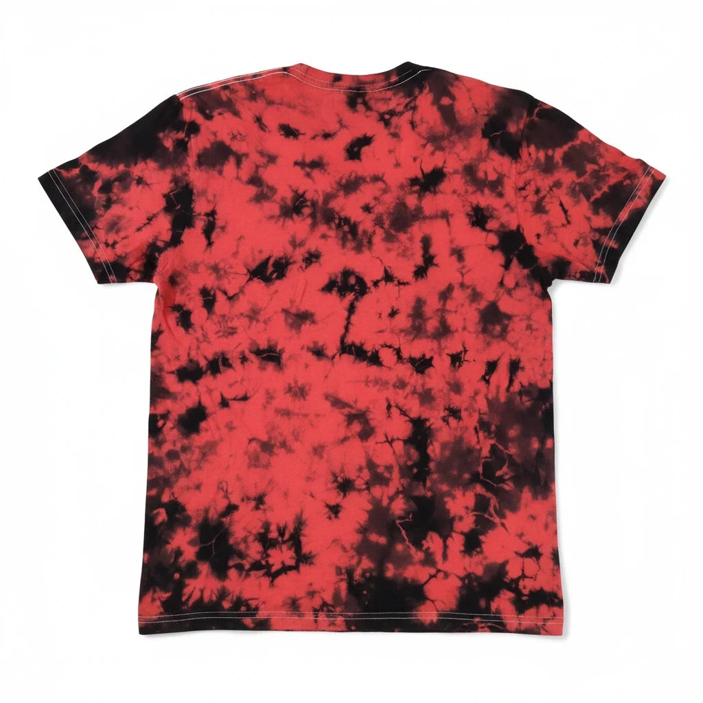 Throwback Rack BABYMETAL crewneck t-shirt featuring a vibrant red and black tie-dye pattern, back view.