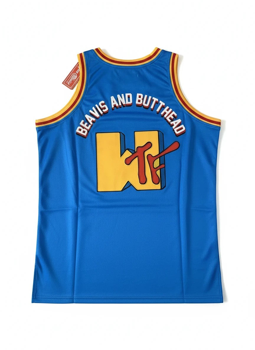 Throwback Rack blue basketball jersey featuring Beavis and Butt-Head text and MTV logo on the back in mesh fabric.