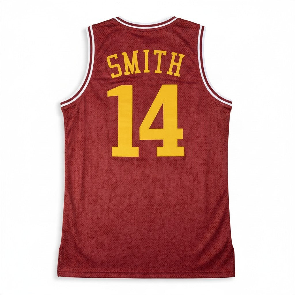 Throwback Rack Bel-Air Academy Smith 14 basketball jersey in maroon polyester mesh with gold lettering, back view.