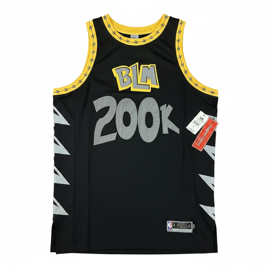 Throwback Rack black polyester basketball jersey with "BLM" and "200k" graphics, yellow and grey trim, and lightning bolt accents.