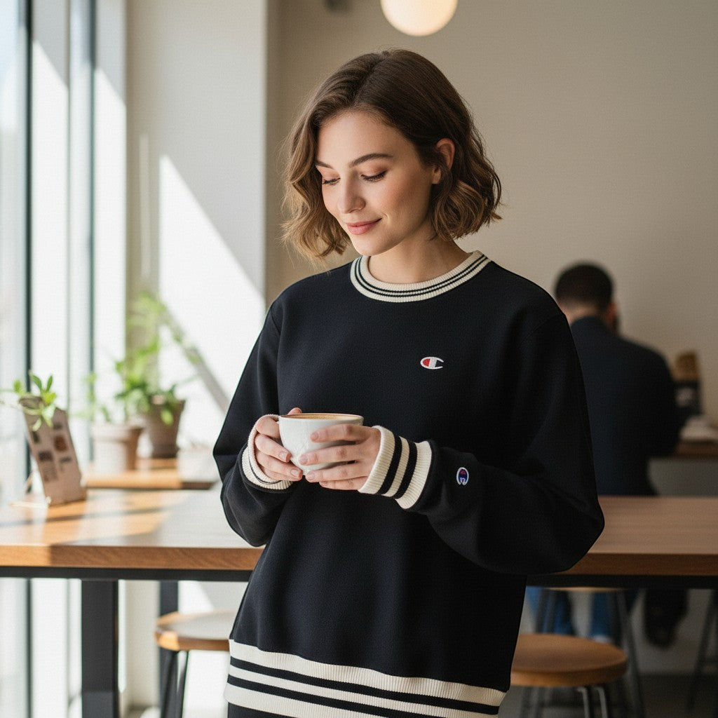 Throwback Rack black Champion Reverse Weave crew neck sweatshirt with cream striped cuffs and hem. Model holds a coffee cup.