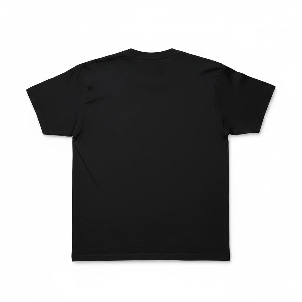 Back view of a plain black Throwback Rack crewneck t-shirt made from a soft cotton-polyester blend