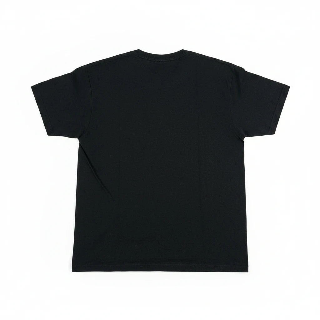 Back view of a plain black cotton crewneck t-shirt from Throwback Rack on a white background.