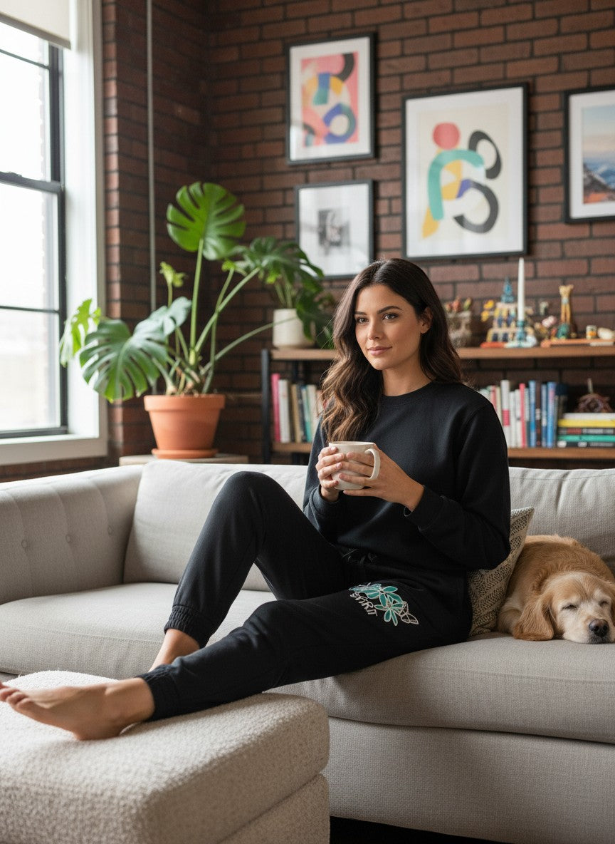 Throwback Rack black Neff sweatpants with floral graphic detail on the leg, worn by a woman sitting on a couch.