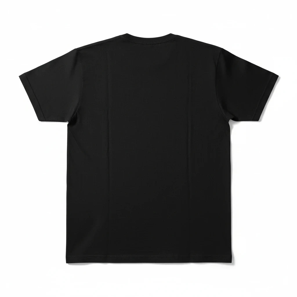 Throwback Rack black crewneck t-shirt, back view, showing plain solid black fabric.