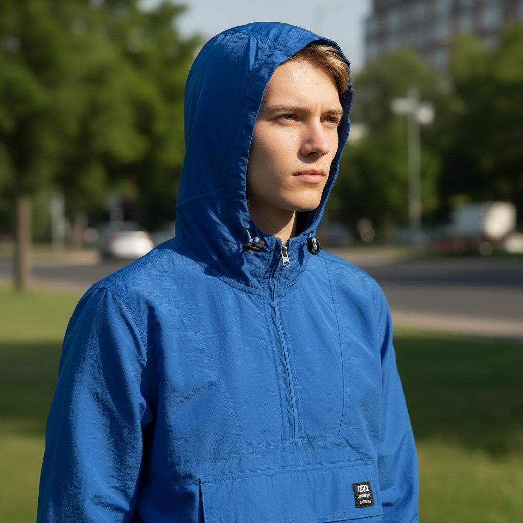 Throwback Rack Levi's Gold Tab Bolinas Anorak Jacket in bright blue, featuring a hood and a large front pocket.
