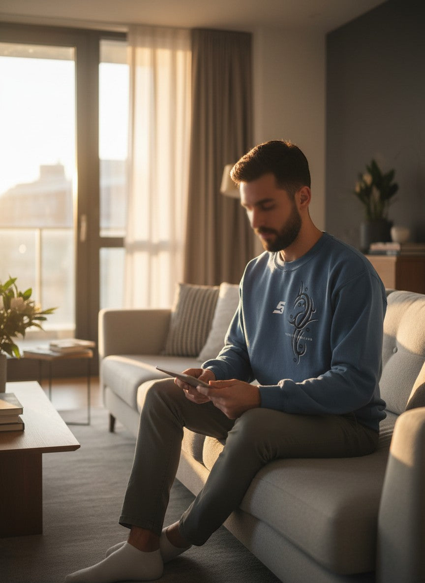 Throwback Rack blue vintage crew neck sweatshirt with graphic logo on chest, worn by a man sitting on a couch.
