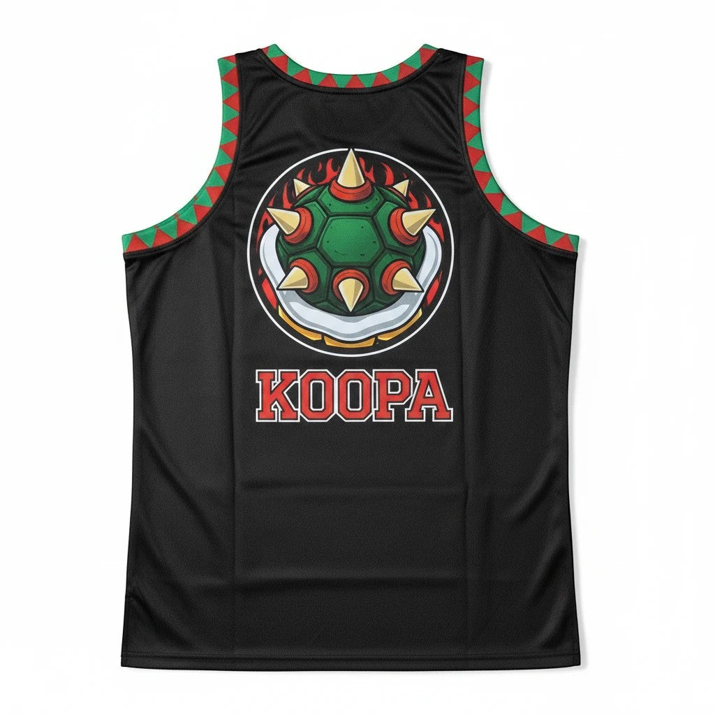 Throwback Rack Bowser Koopa basketball jersey in black polyester mesh with green spiked shell graphic and trim.