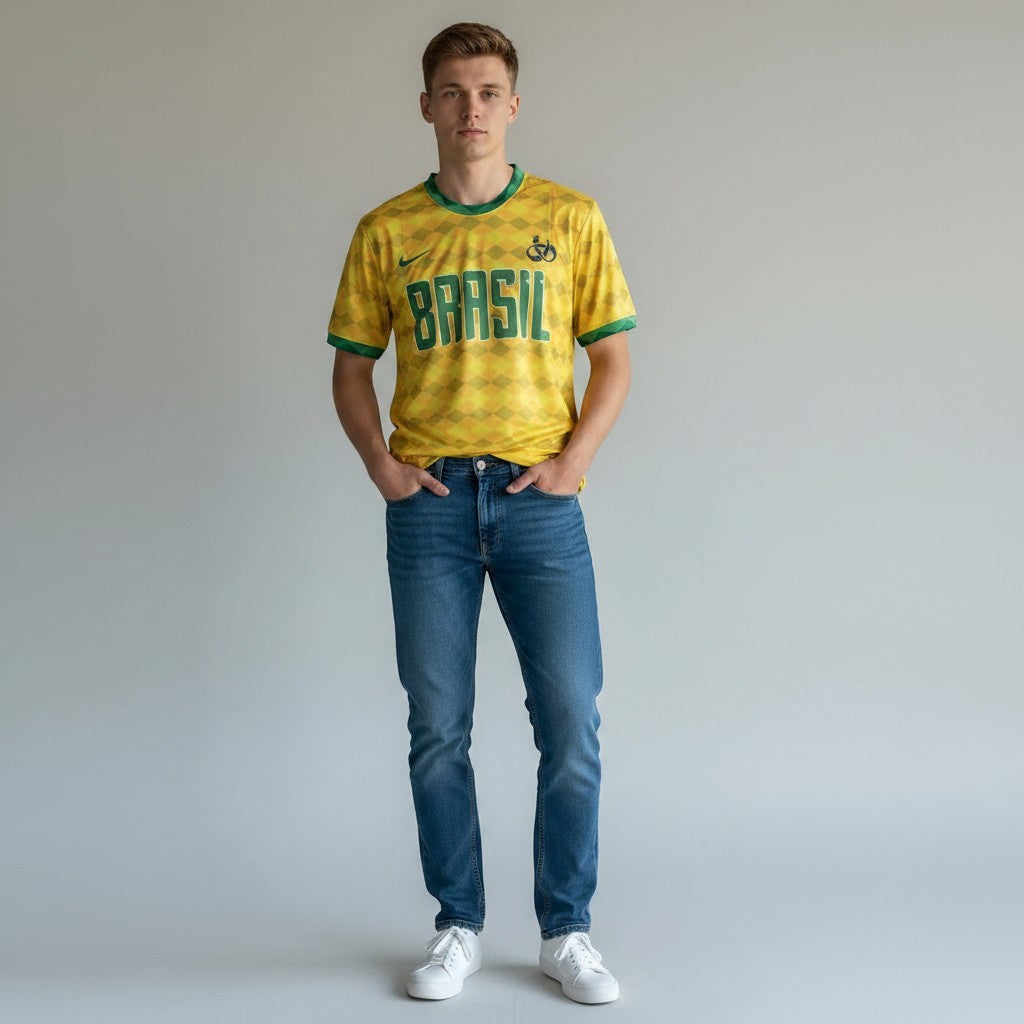 Throwback Rack women's yellow and green 1990 Brazil World Cup soccer jersey with "BRASIL" text. Polyester material.