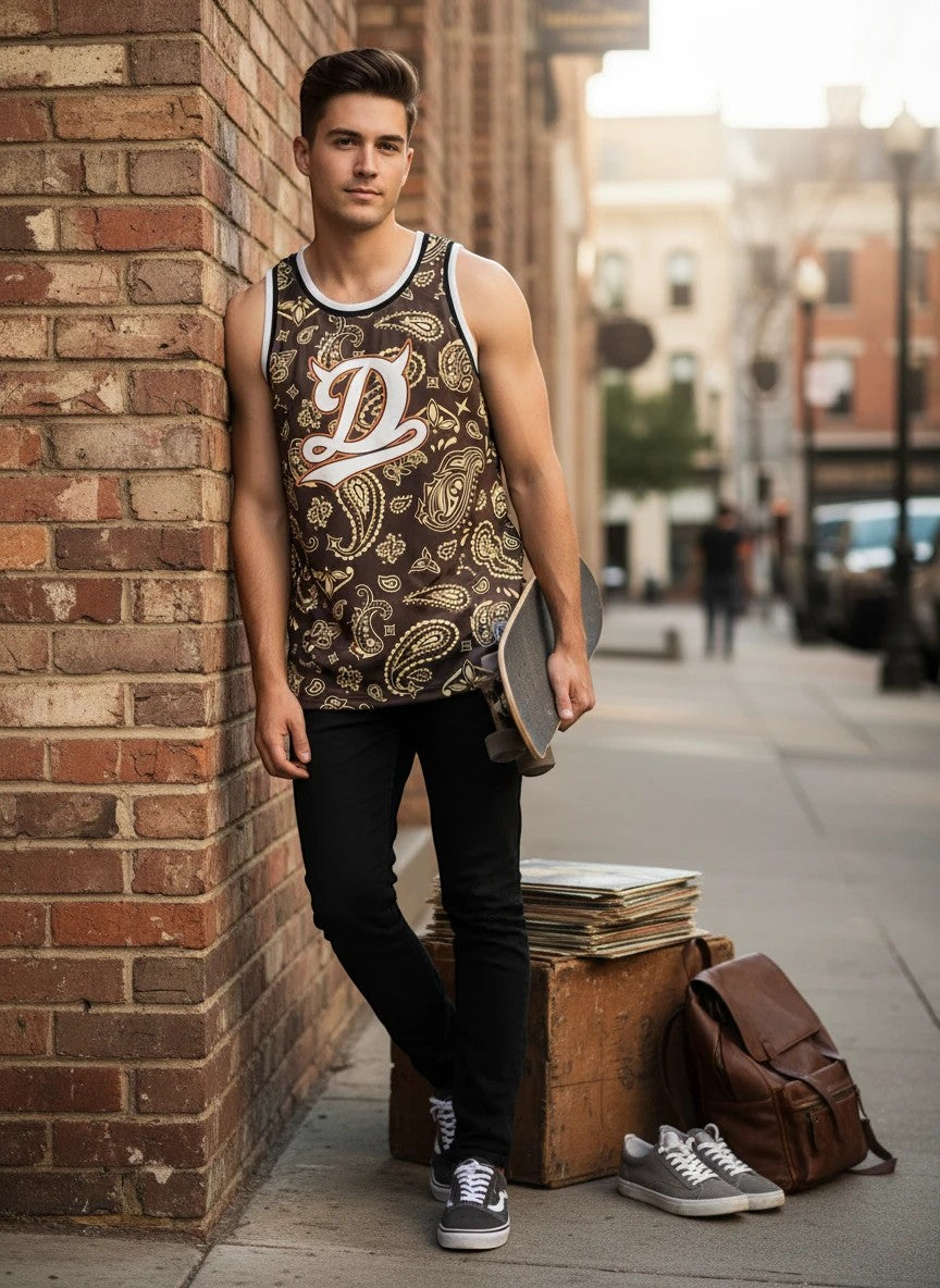 Throwback Rack brown paisley print basketball jersey with white trim and a large D graphic on the front.