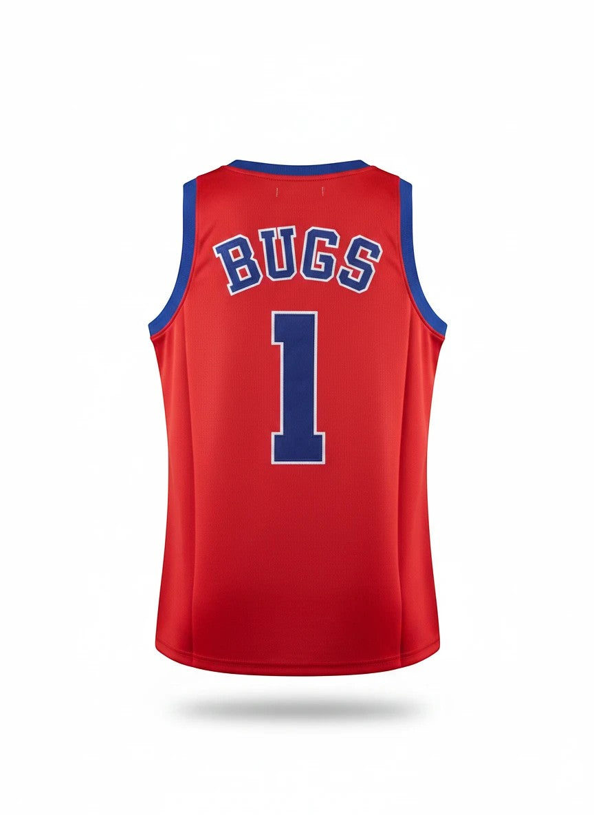 Throwback Rack red Tune Squad Bugs Bunny basketball jersey with blue trim and number 1 on the back