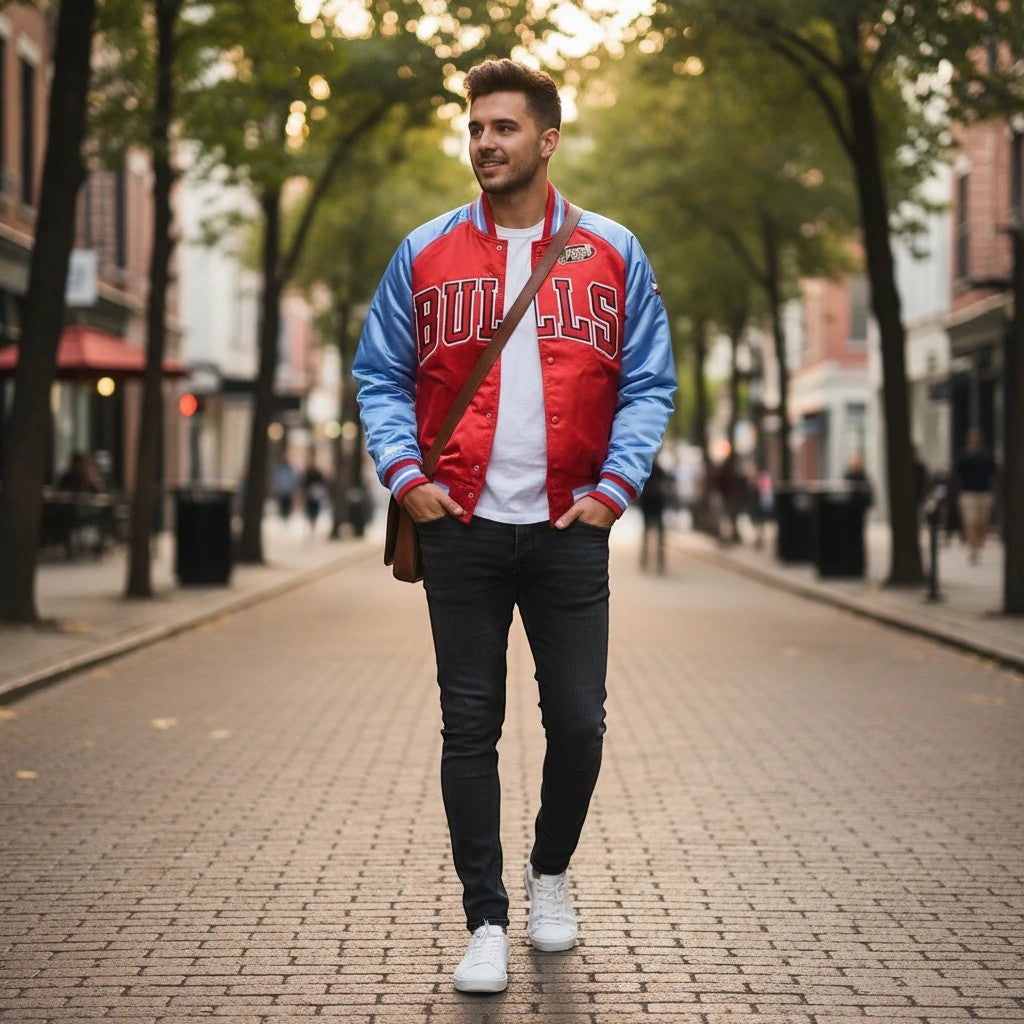 Throwback Rack Mitchell & Ness Chicago Bulls heavyweight varsity jacket with red and blue panels on a man walking.
