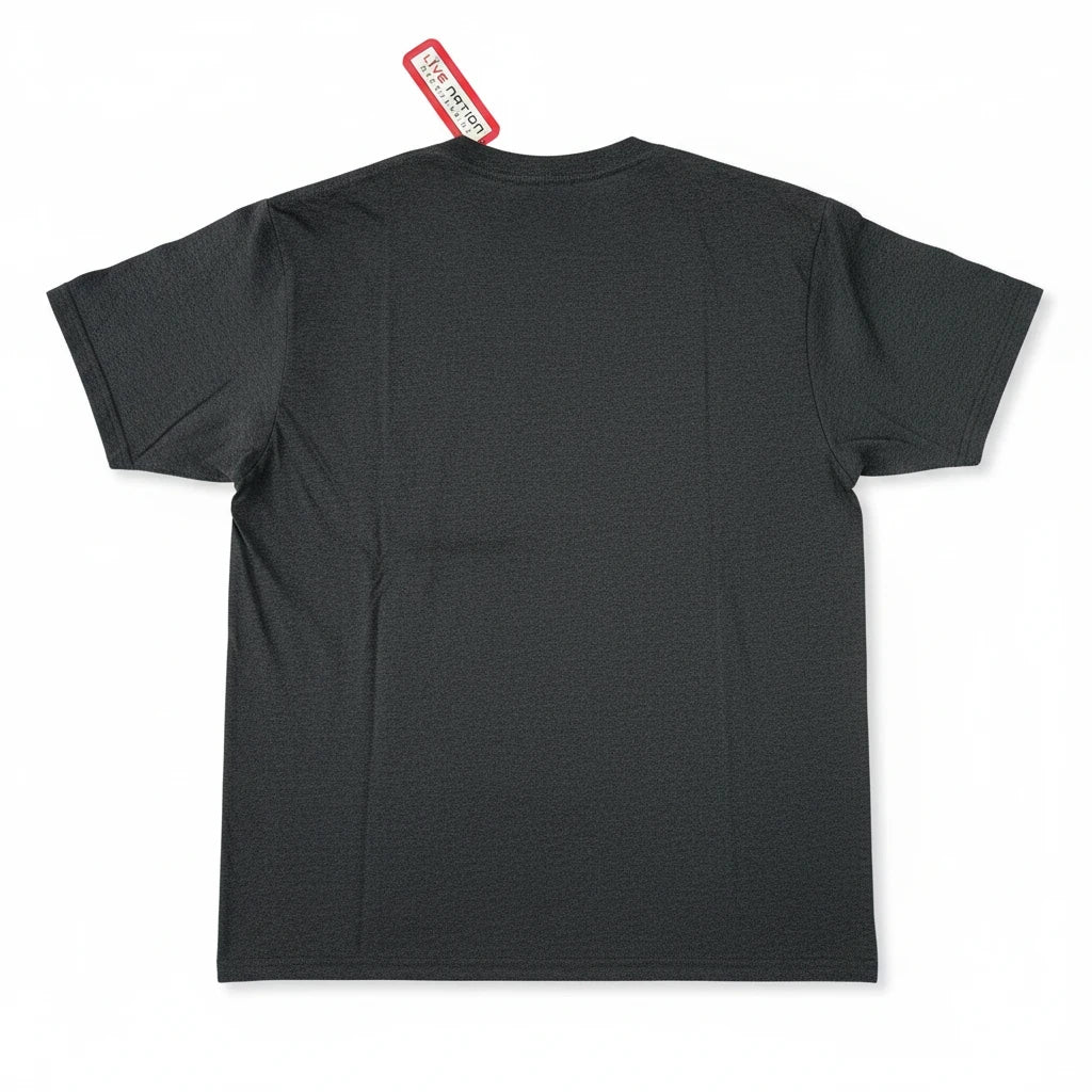 Back view of a charcoal heather grey Throwback Rack Van Halen crewneck t-shirt with a Live Nation tag