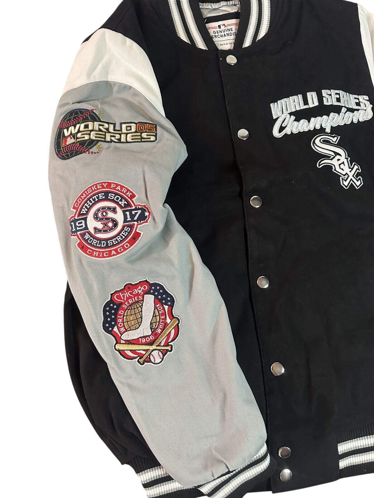 Throwback Rack Chicago White Sox varsity jacket with World Series Champions embroidery and championship sleeve patches