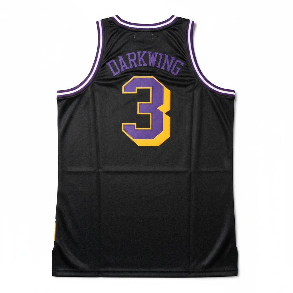 Throwback Rack Darkwing Duck basketball jersey in black with purple and yellow number 3 on the back