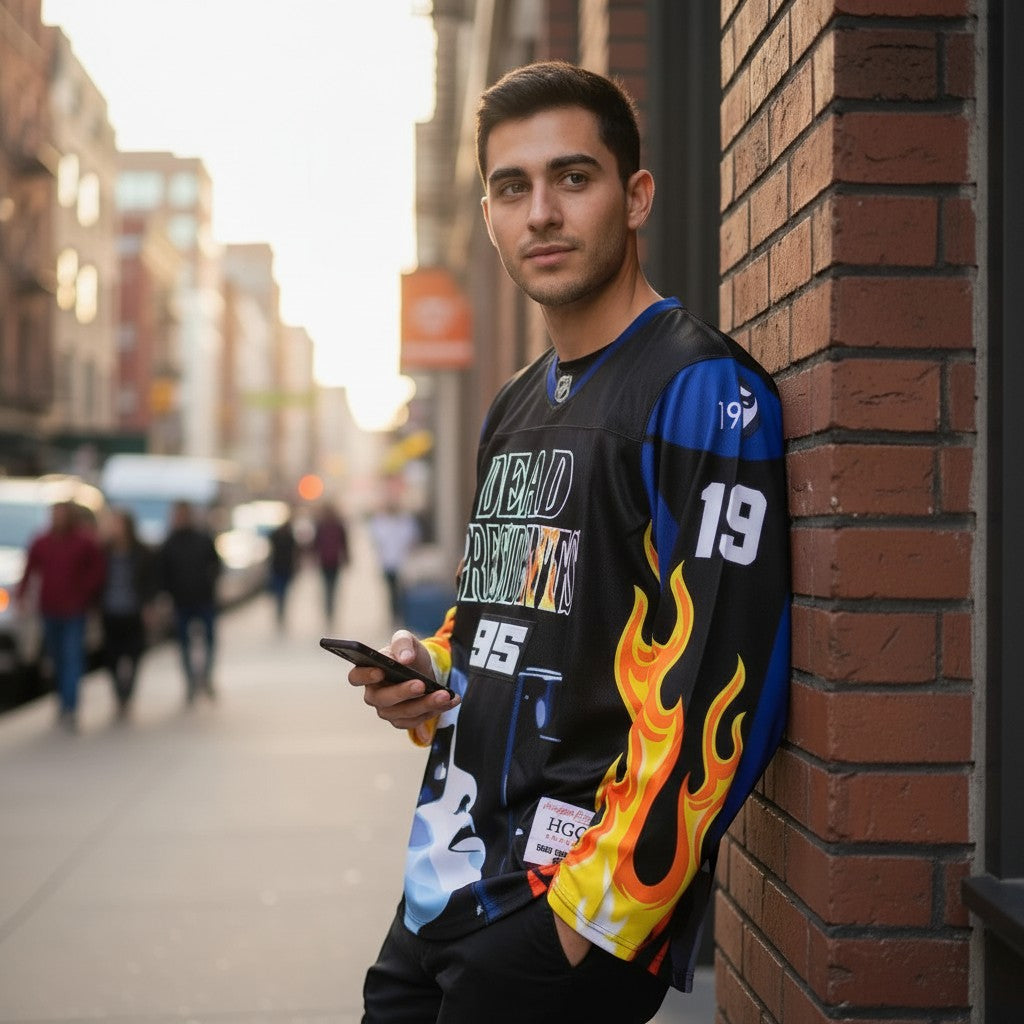 Throwback Rack black hockey jersey with "DEAD PRESIDENTS 95" graphic, flame accents, and blue shoulder panels.