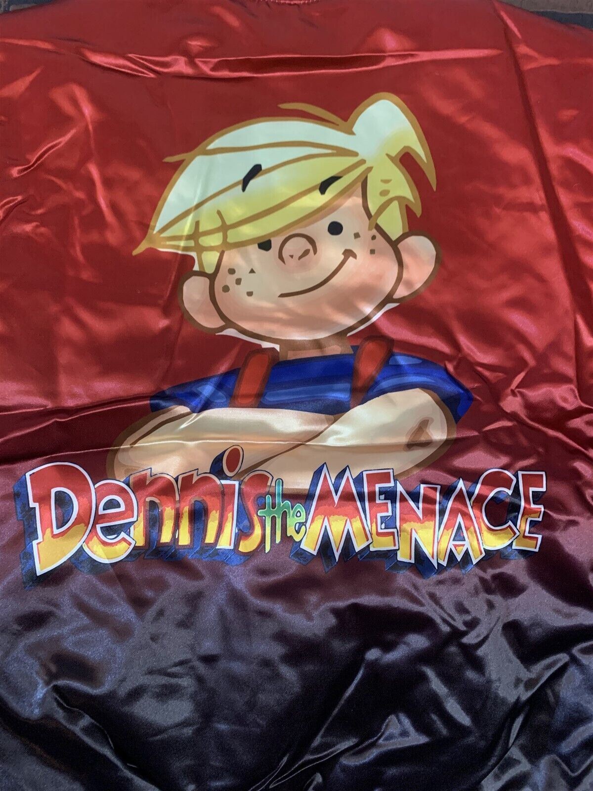Throwback Rack Dennis the Menace varsity jacket interior lining featuring a vibrant comic strip print on red satin