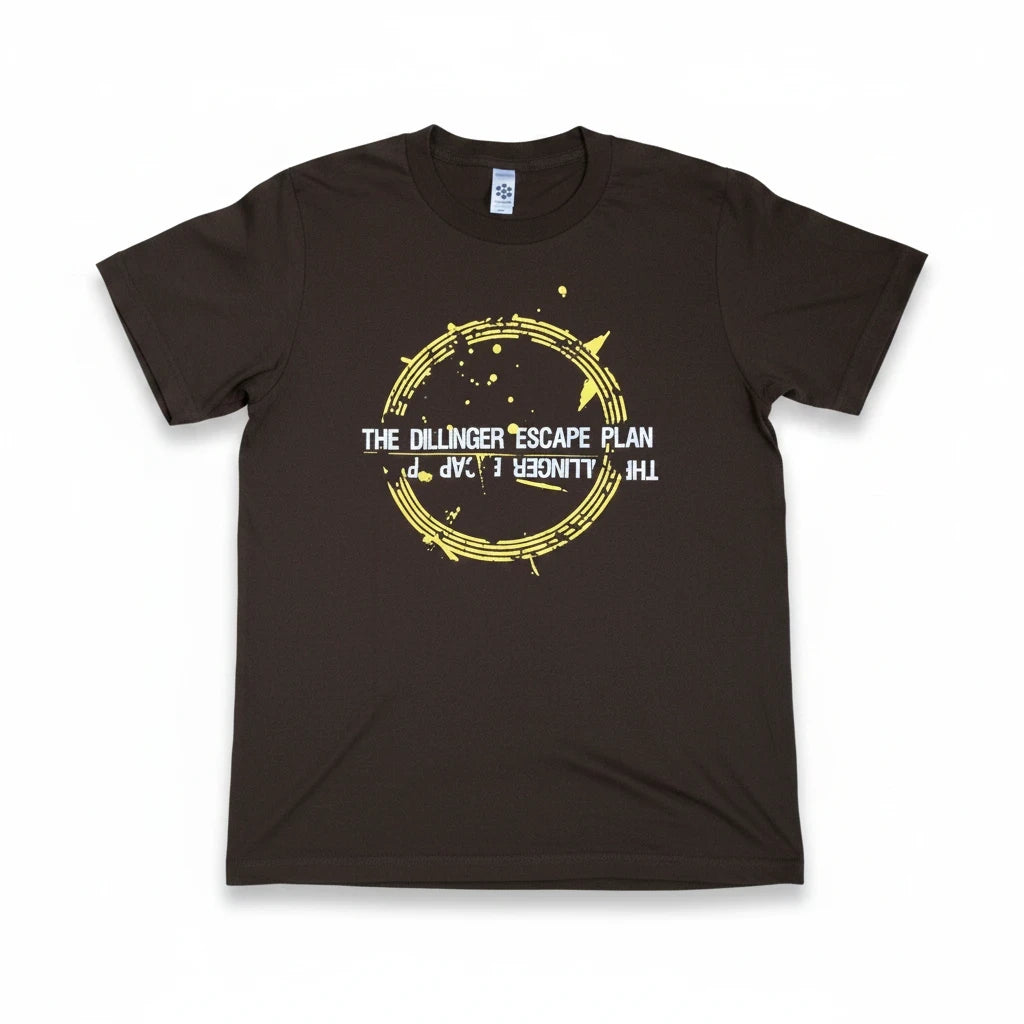 Throwback Rack dark brown baby doll t-shirt featuring a yellow circular The Dillinger Escape Plan graphic print.