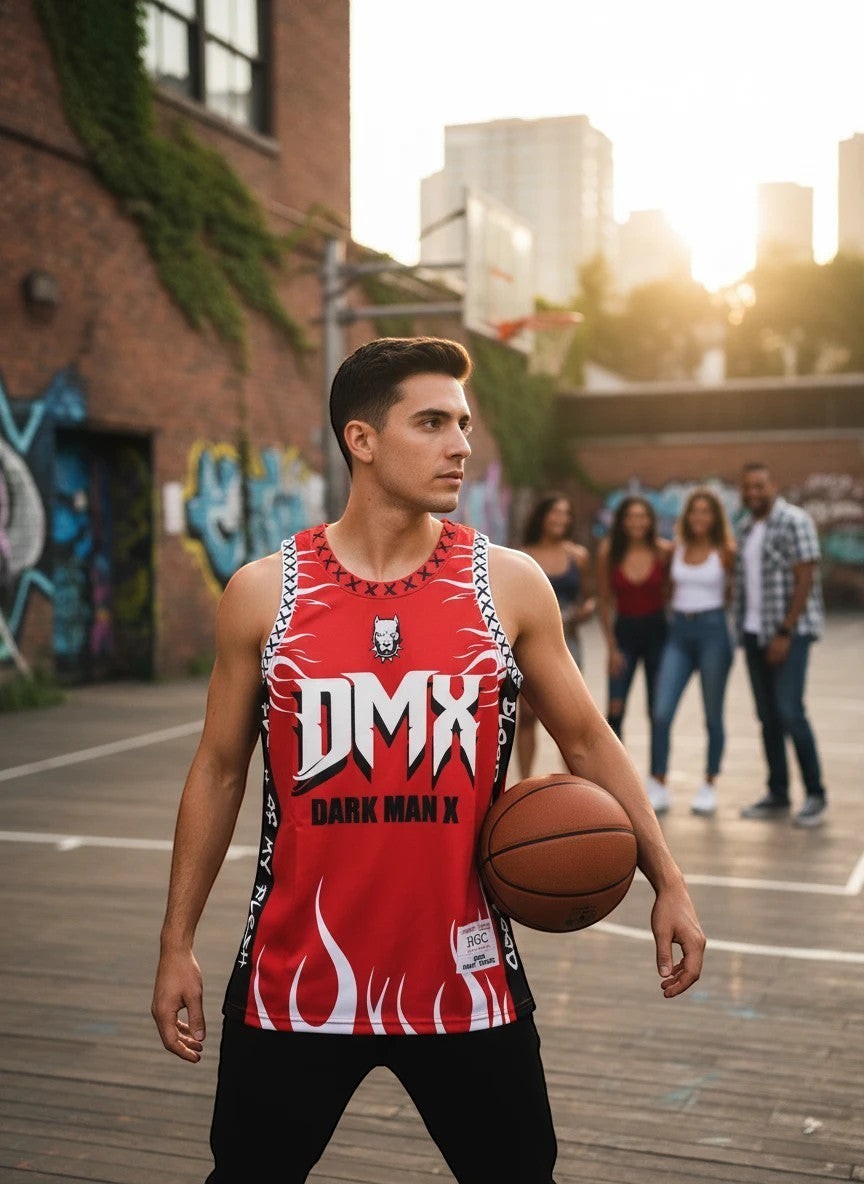 Throwback Rack DMX Dark Man X red basketball jersey with flame graphics and lyrics. Model holding a basketball.