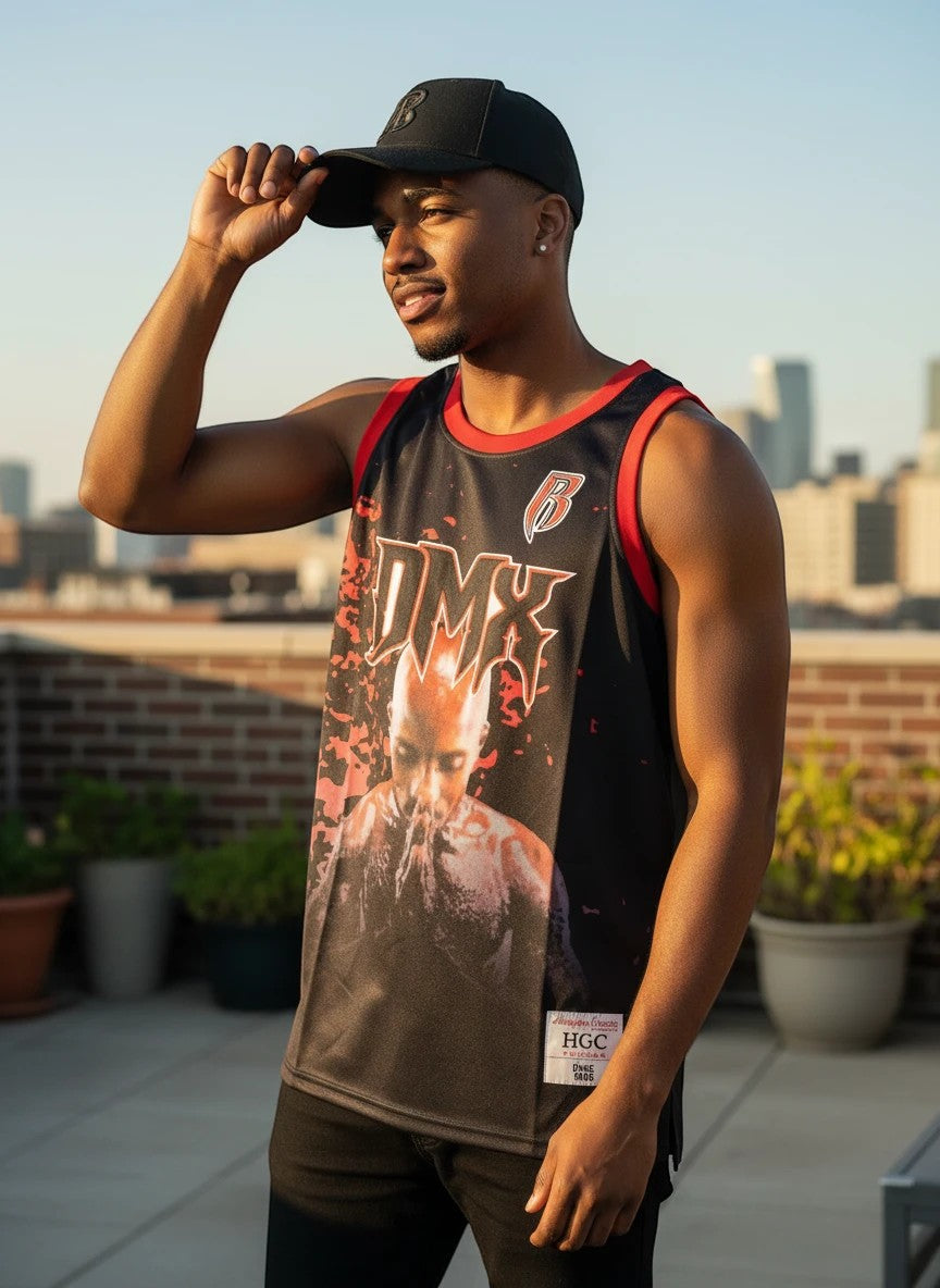 Throwback Rack DMX Flesh of My Flesh Blood of My Blood black and red graphic basketball jersey with DMX portrait.