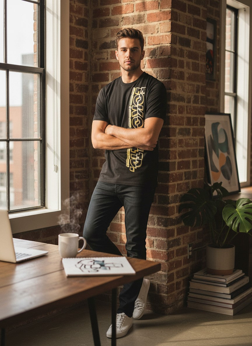 Throwback Rack men's black Ecko UNTLD t-shirt with yellow graphic logo on chest. Model wears dark wash jeans and white sneakers.
