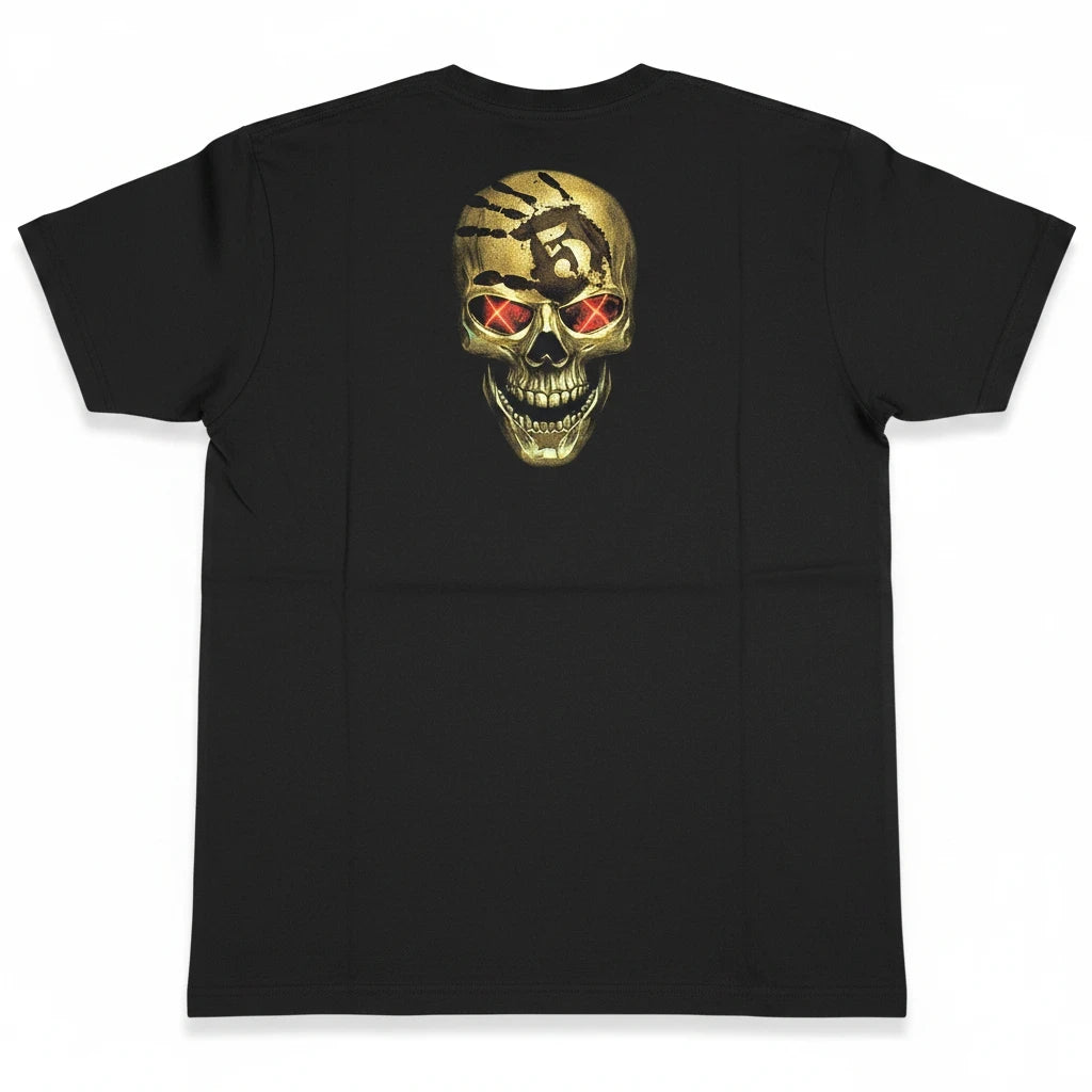 Throwback Rack black cotton Five Finger Death Punch t-shirt featuring a metallic skull graphic on the back