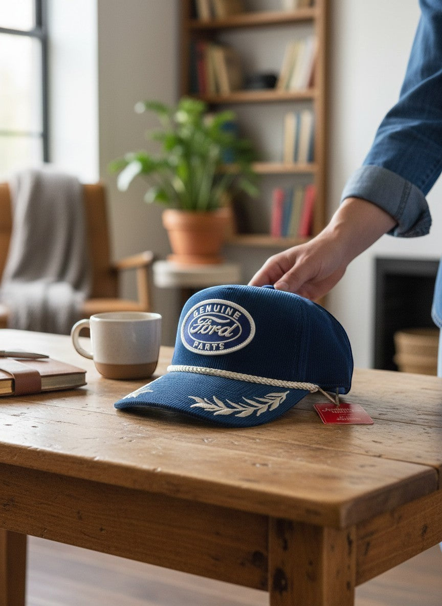 Throwback Rack navy blue corduroy Ford Parts embroidered baseball cap with rope detail and laurel leaf embroidery on brim.
