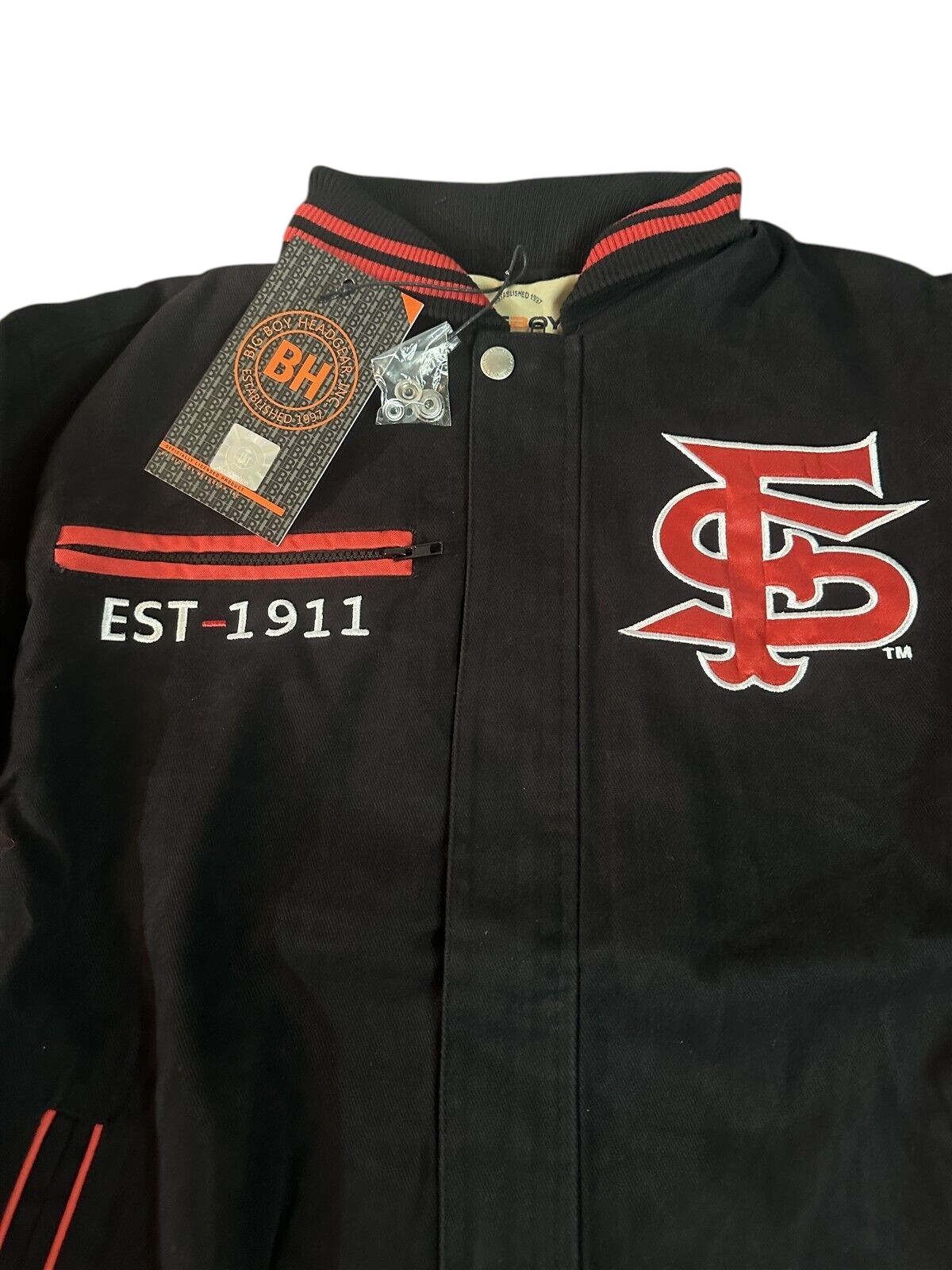 Throwback Rack Fresno State Bulldogs varsity bomber jacket in black and red with embroidered logo and EST-1911 detail.