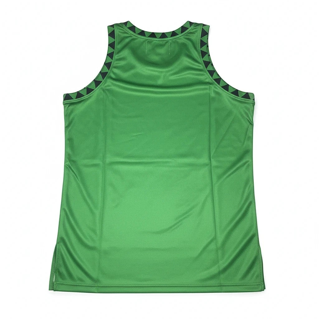 Throwback Rack Friday the 13th basketball jersey in green polyester mesh with black triangular trim