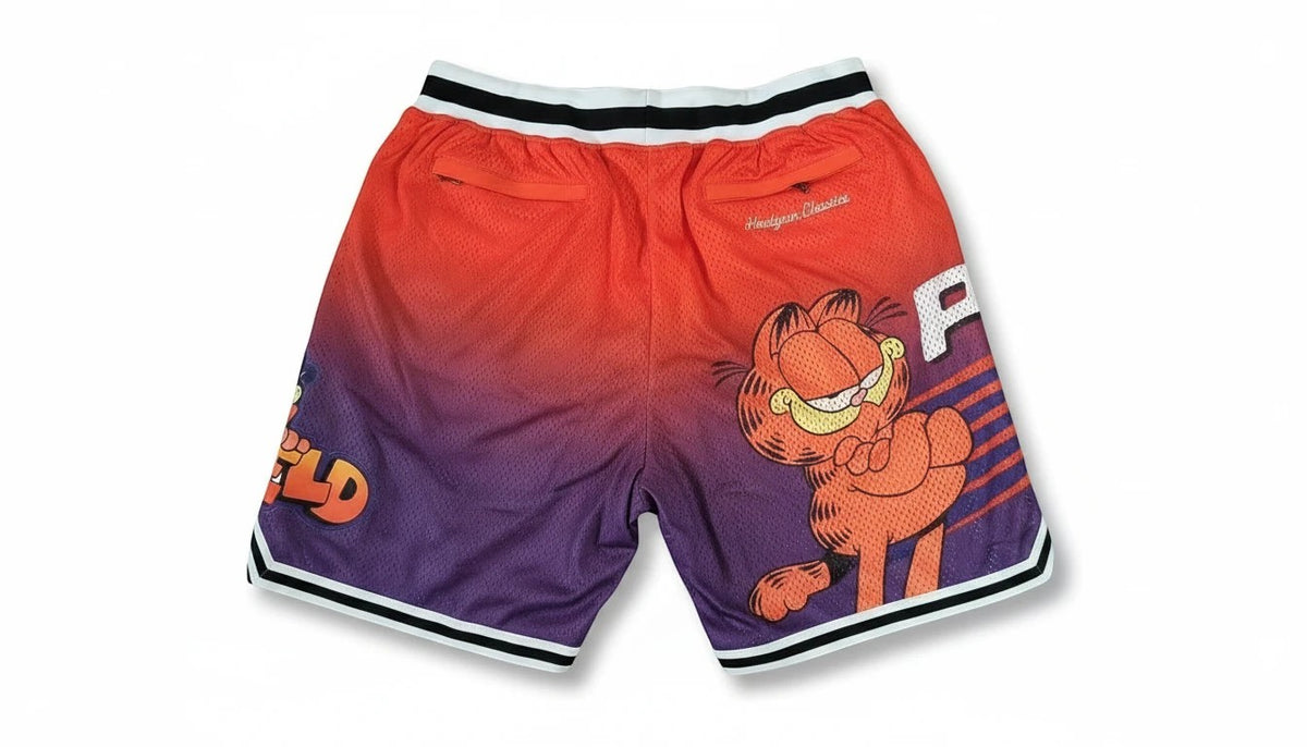 Throwback Rack Phoenix Suns Garfield basketball mesh shorts with an orange to purple gradient and cartoon graphic