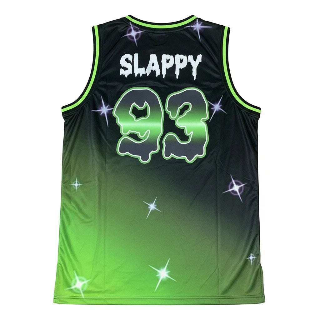 Throwback Rack Goosebumps Slappy basketball jersey in black and green gradient with star graphics and number 93