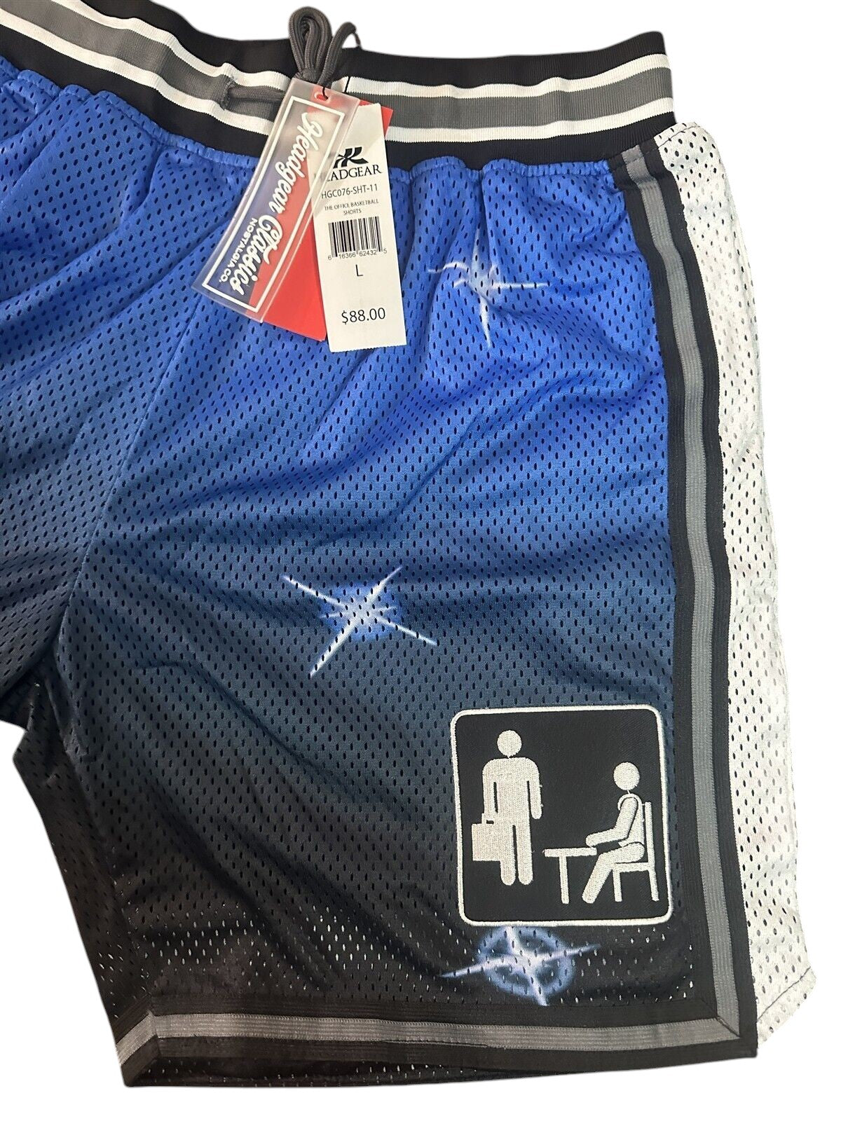 Throwback Rack blue and black gradient mesh basketball shorts with star graphics and office worker patch