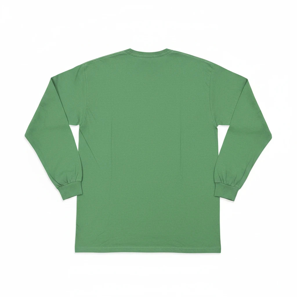 Back view of a Throwback Rack green long sleeve crew neck t-shirt with ribbed cuffs on a plain white background.