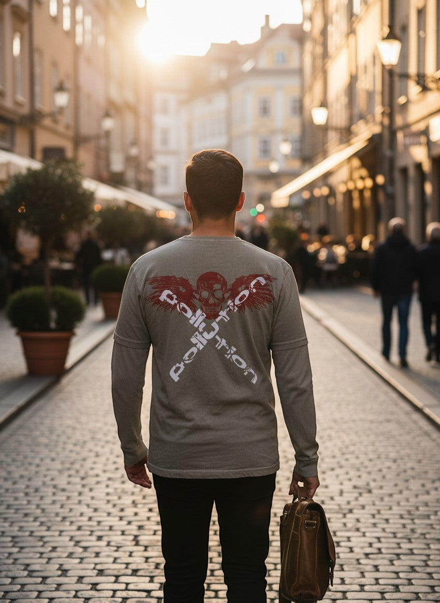 Throwback Rack olive green long sleeve shirt with red skull and wings graphic on back.
