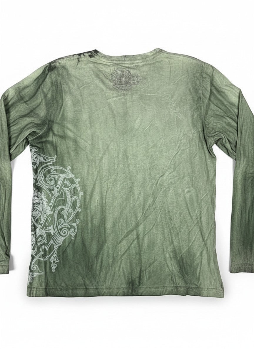 Throwback Rack green Y2K long sleeve shirt with distressed graphic details on the left side and subtle print on the back.