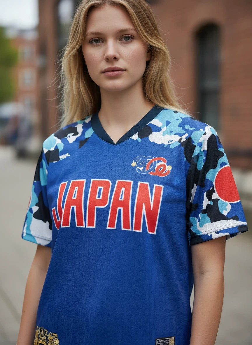 Throwback Rack blue, black, and white camouflage soccer jersey with "JAPAN" graphic and red sun emblems.
