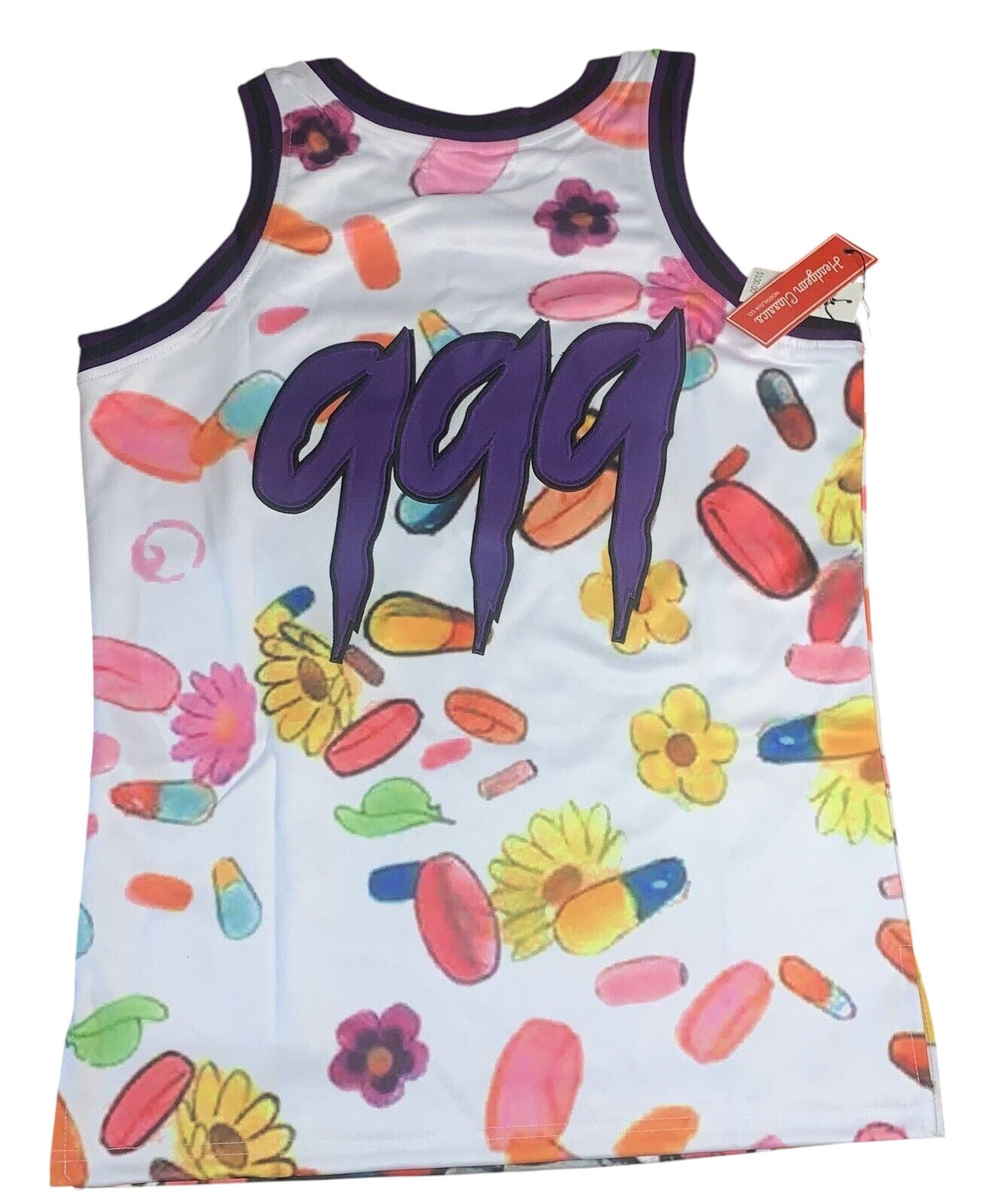 Throwback Rack Juice WRLD basketball jersey in white with colorful pill and floral print and purple 999 back graphic