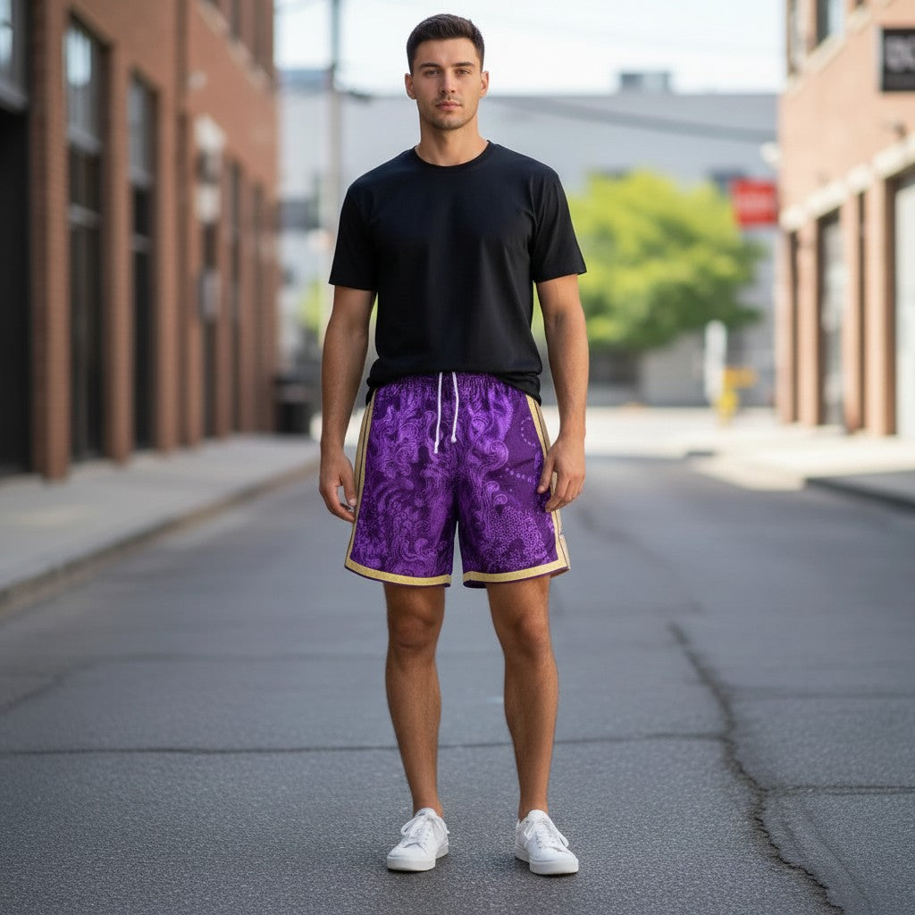 Throwback Rack LA Lakers Mitchell & Ness CNY 4.0 purple basketball shorts with gold trim worn by a male model outdoors.