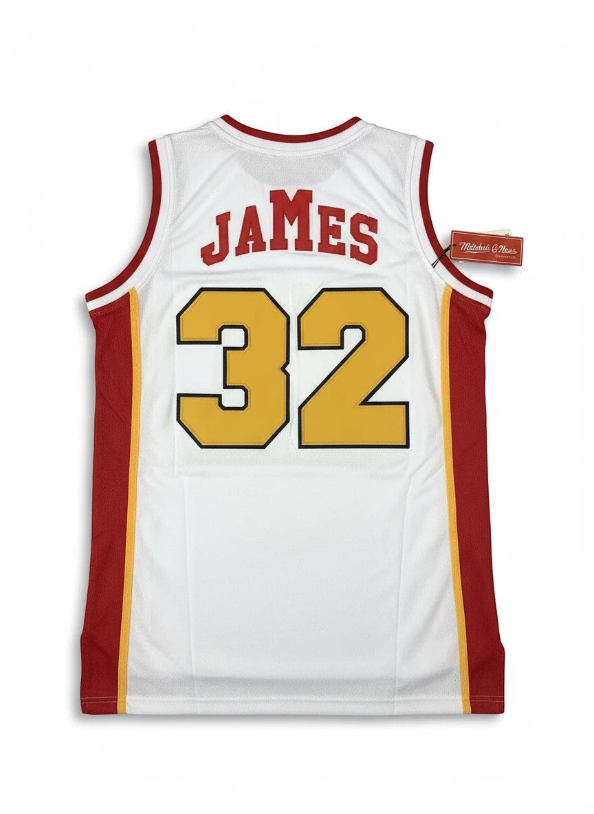 Throwback Rack Lebron James #32 McDonald's All American white basketball jersey with red and gold mesh details.