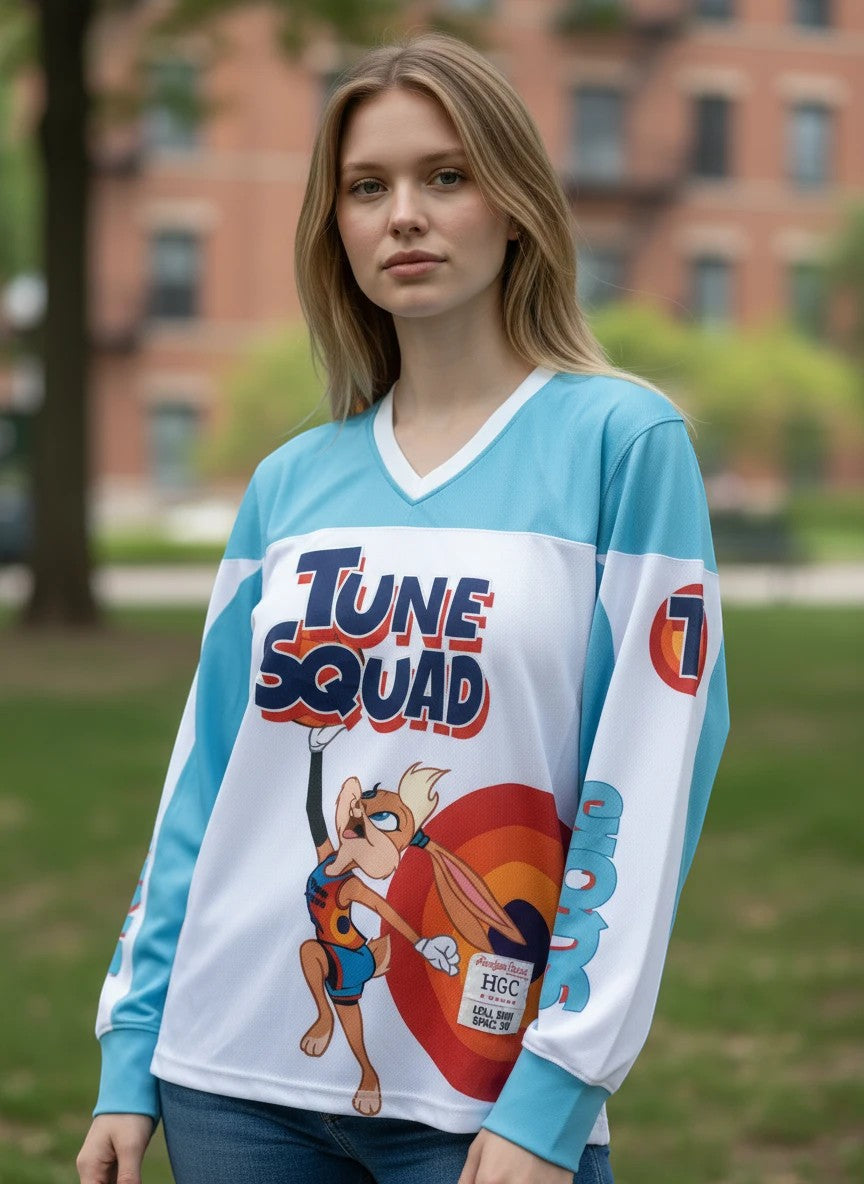 Throwback Rack white and blue long sleeve Tune Squad Lola Bunny hockey jersey with graphics.