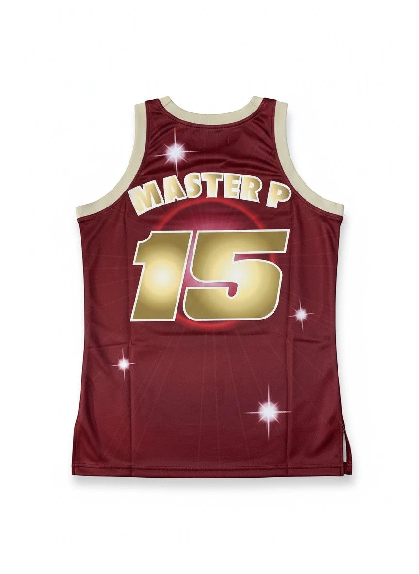 Throwback Rack Master P No Limit Records basketball jersey in burgundy with gold number 15 and star accents