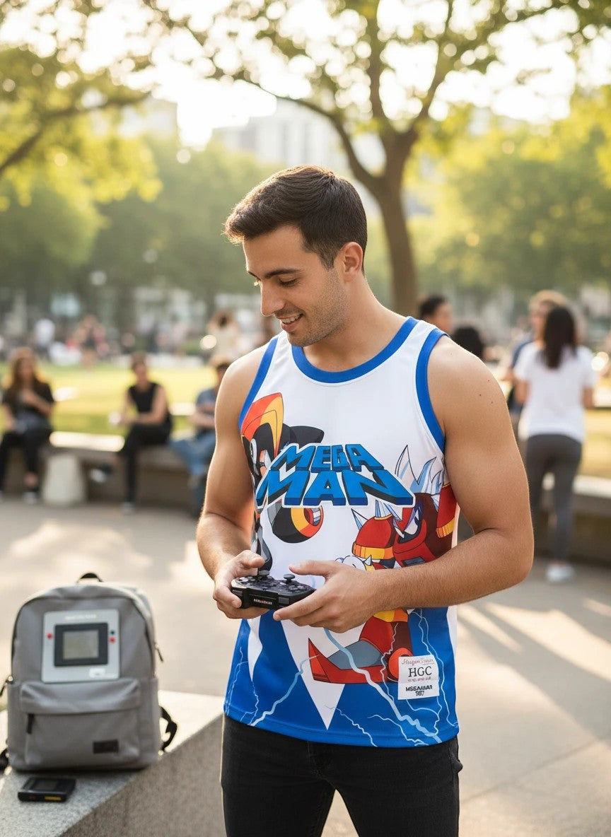 Throwback Rack white mesh basketball jersey with all-over Mega Man graphics and blue trim.