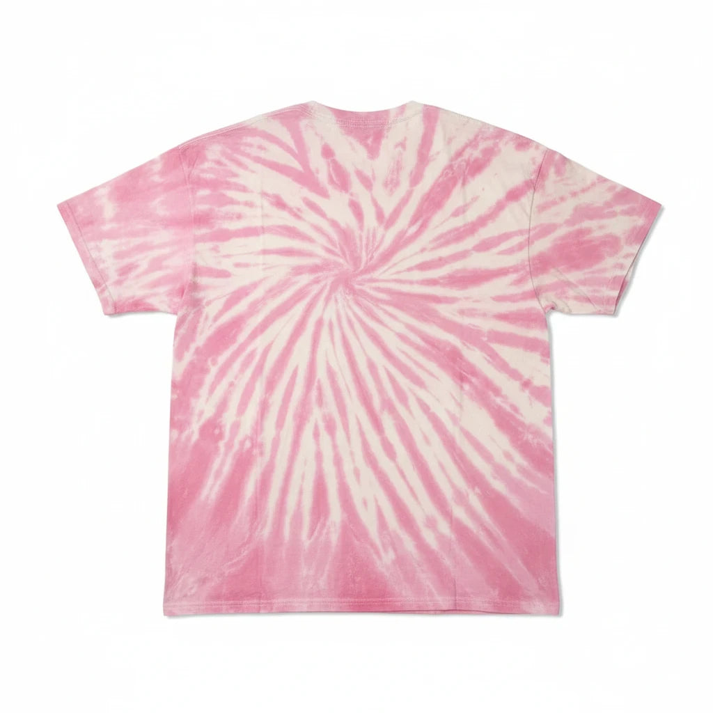 Throwback Rack Metallica pink and white spiral tie-dye cotton t-shirt, back view showing relaxed fit.