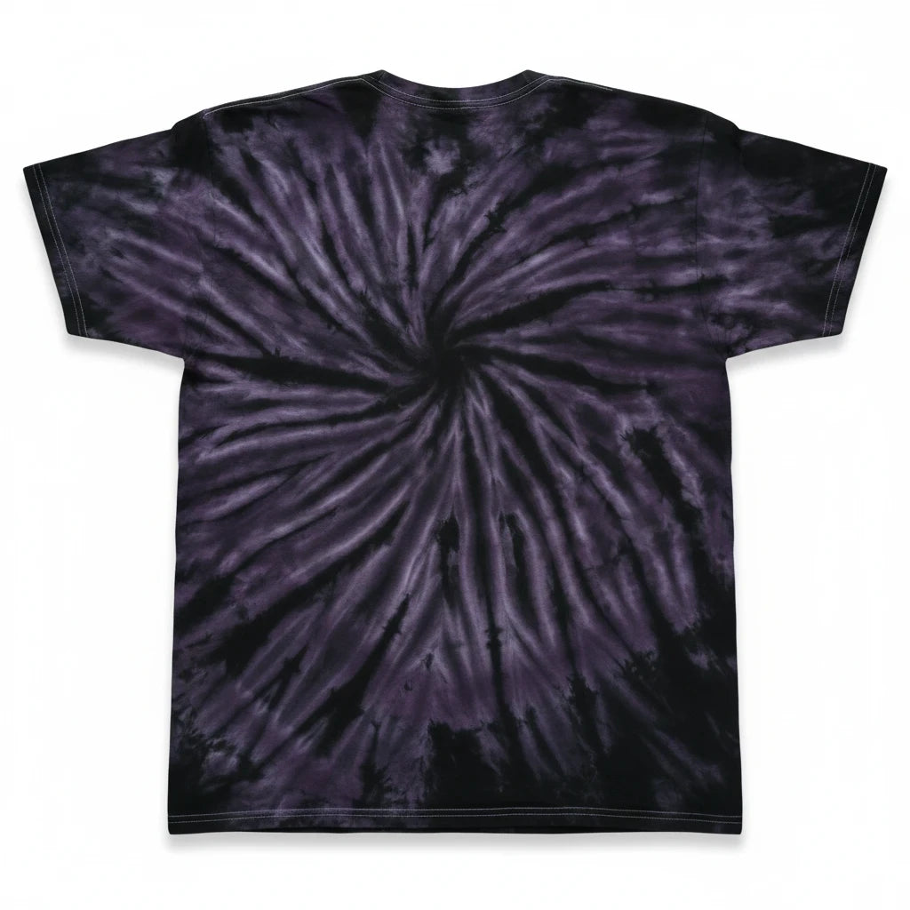 Back view of a Throwback Rack Metallica tie-dye t-shirt in purple and black with a spiral pattern on soft cotton.