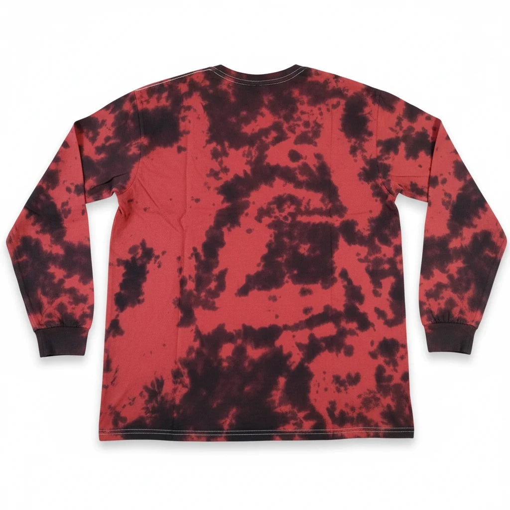 Throwback Rack Metallica long sleeve t-shirt in a red and black tie-dye pattern, shown from the back.